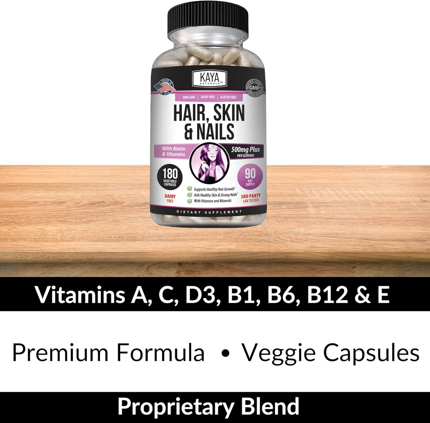 Hair Skin Nail Capsules with Biotin, Vitamin D, B-12, Folic Acid - 180 Count Hair Support Supplement by Kaya Naturals