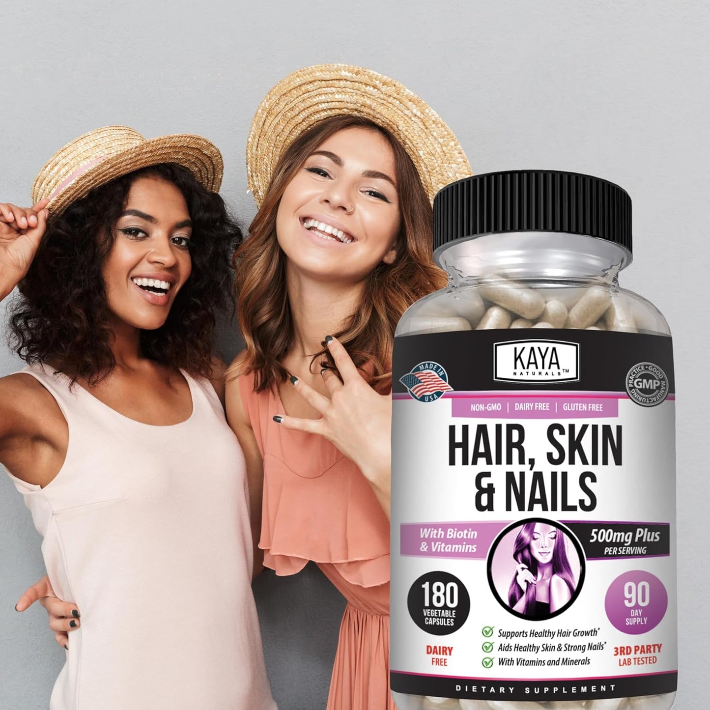 Hair Skin Nail Capsules with Biotin, Vitamin D, B-12, Folic Acid - 180 Count Hair Support Supplement by Kaya Naturals