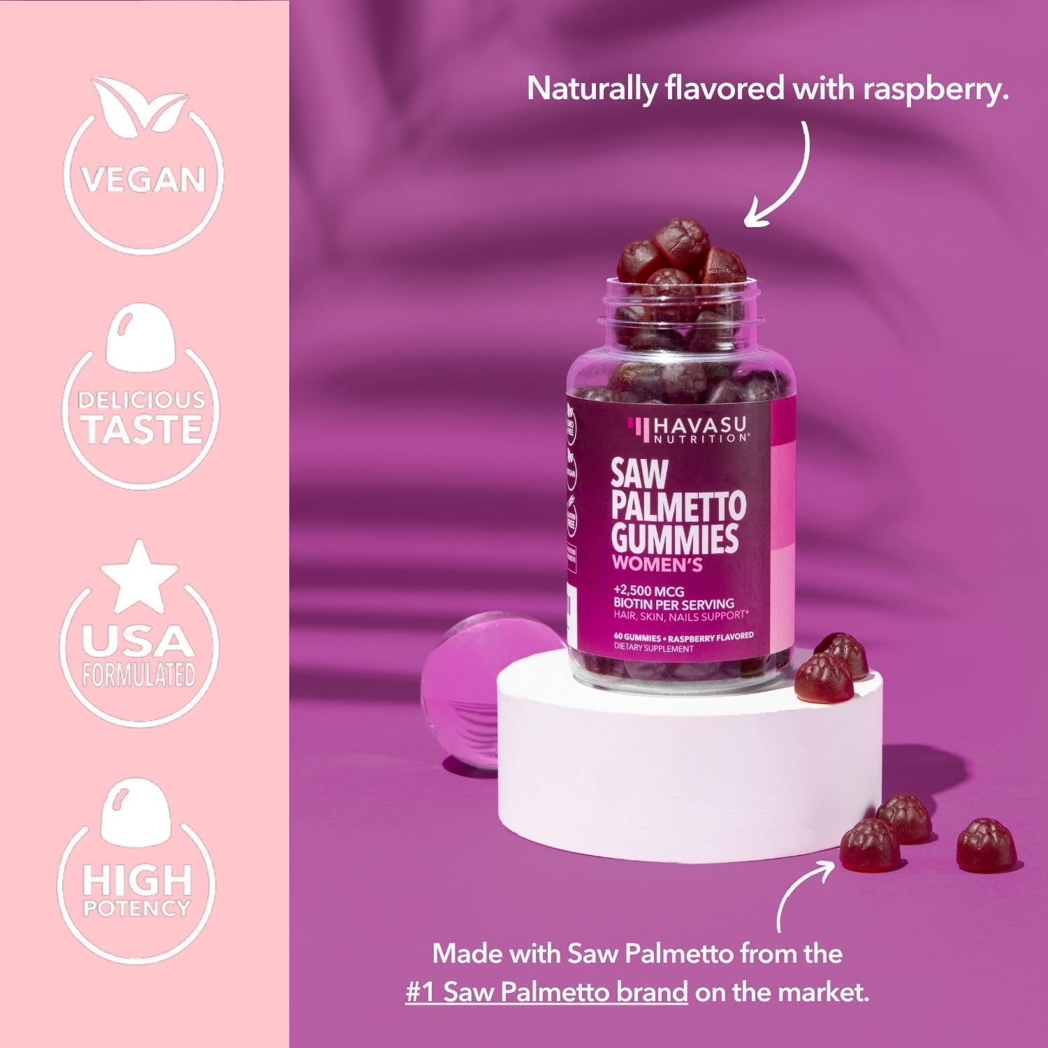 Hair, Skin, Nail Health Gummies for Women - Saw Palmetto with Biotin - DHT Blocker - 60ct - Vegan, Non-GMO - 1 Month Supply