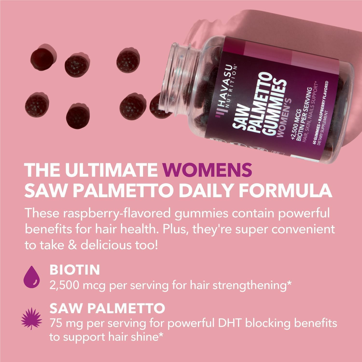 Hair, Skin, Nail Health Gummies for Women - Saw Palmetto with Biotin - DHT Blocker - 60ct - Vegan, Non-GMO - 1 Month Supply
