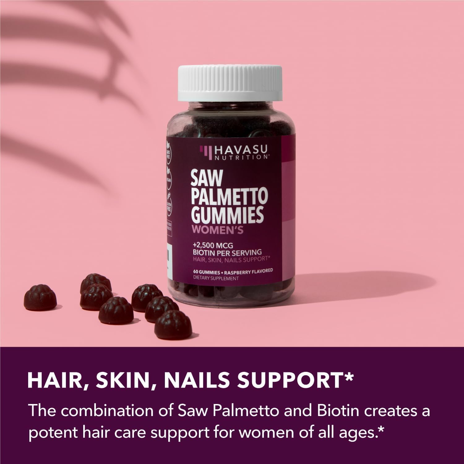 Hair, Skin, Nail Health Gummies for Women - Saw Palmetto with Biotin - DHT Blocker - 60ct - Vegan, Non-GMO - 1 Month Supply