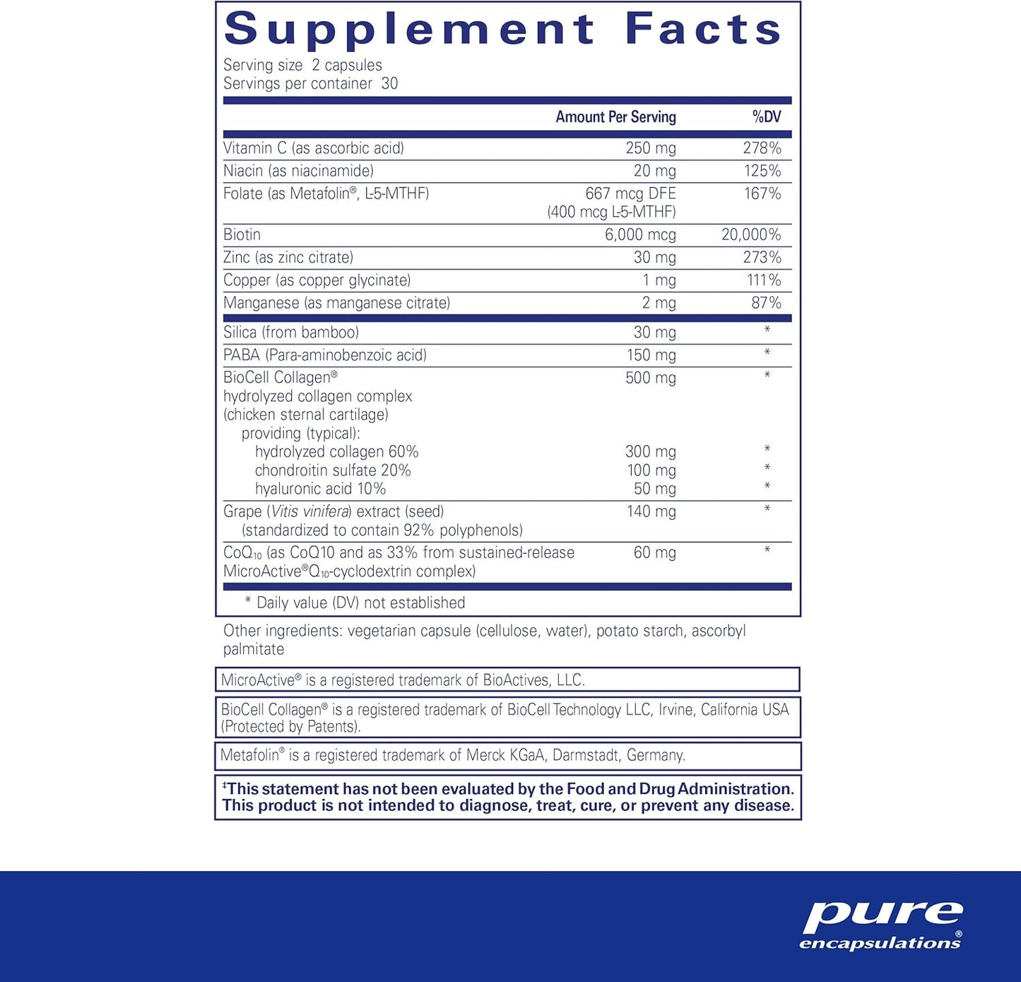 Hair Skin Nails Ultra Supplement with Biotin and Vitamin C - Collagen, Anti Aging, Keratin, Antioxidants, Skin Hydration - 60 Capsules