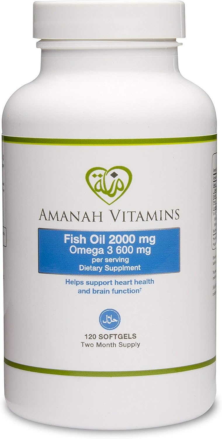 Halal Amanah Vitamins Omega 3 Fish Oil Softgels 2000 mg - 120 Count Bottle