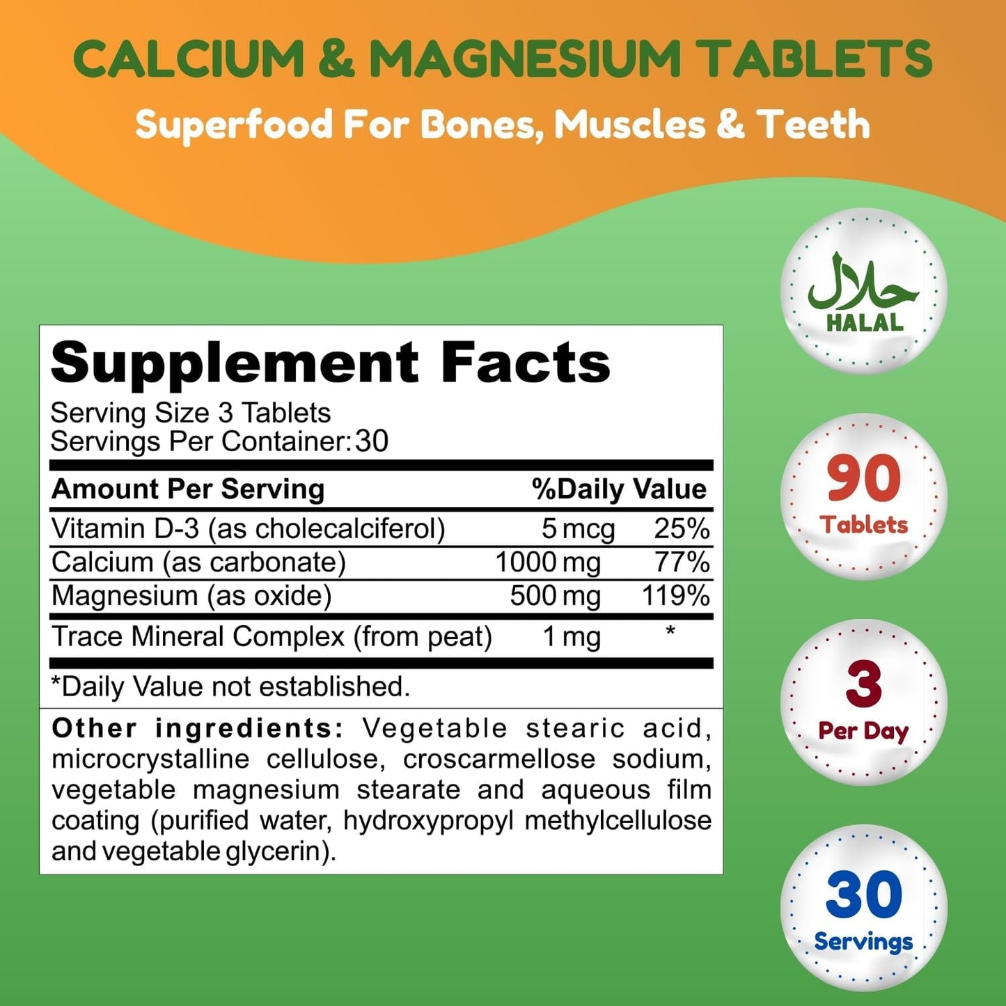 Halal Calcium Magnesium Supplement with Vitamin D3 | 1,000mg Calcium, 500mg Magnesium | 30 Servings | Non-GMO | Bone & Muscle Support