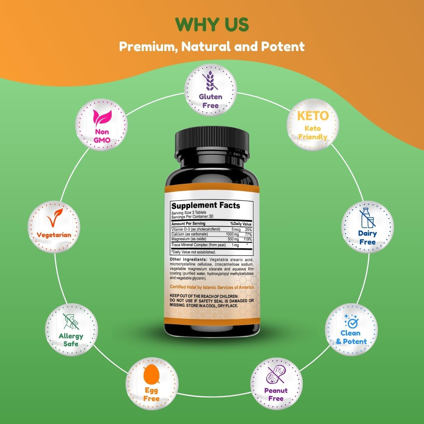 Halal Calcium Magnesium Supplement with Vitamin D3 | 1,000mg Calcium, 500mg Magnesium | 30 Servings | Non-GMO | Bone & Muscle Support