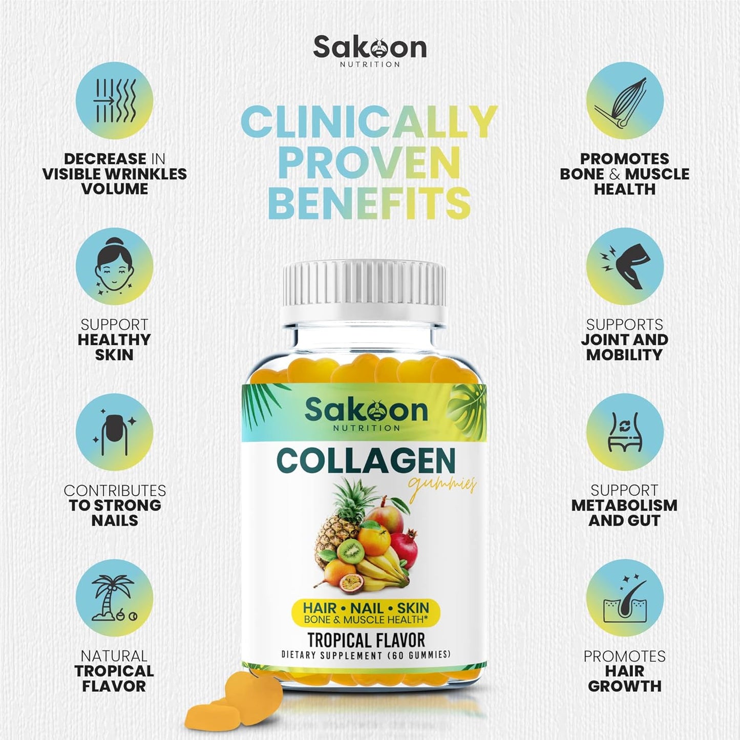 Halal Collagen Gummies for Anti-Aging, Hair Growth, Skin Care & Nails - Non-GMO Protein Supplements for Women and Men - USA-Made