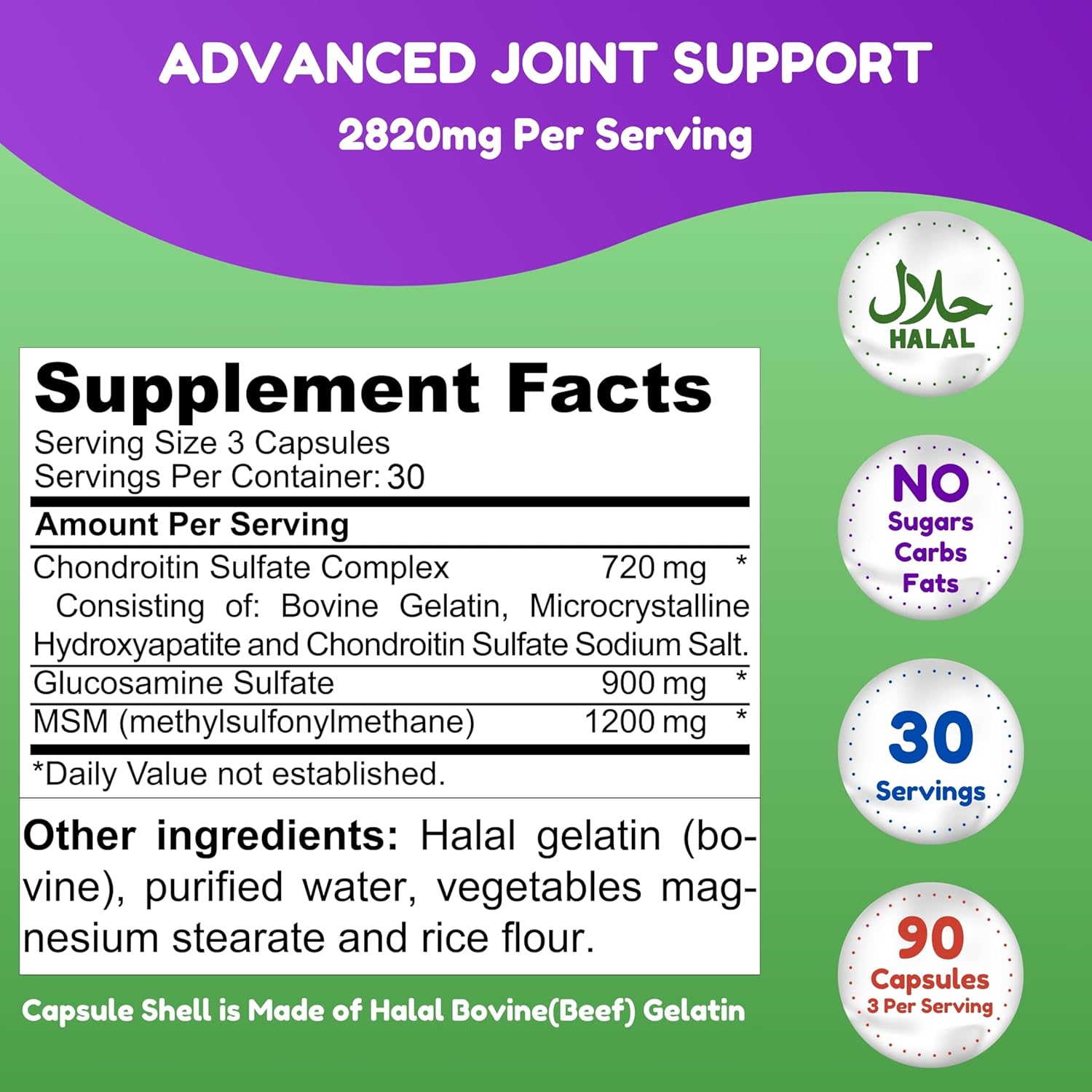 Halal Joint Support Supplement with Glucosamine, Chondroitin, and MSM - 2820mg, 30 Servings, Non-GMO