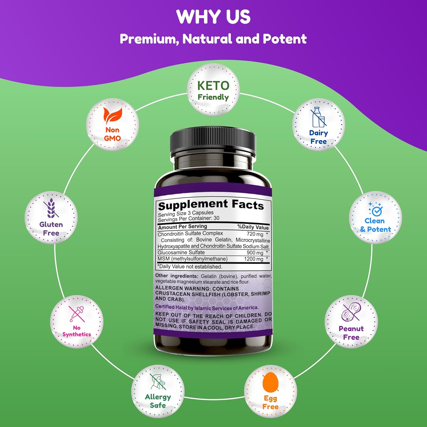 Halal Joint Support Supplement with Glucosamine, Chondroitin, and MSM - 2820mg, 30 Servings, Non-GMO