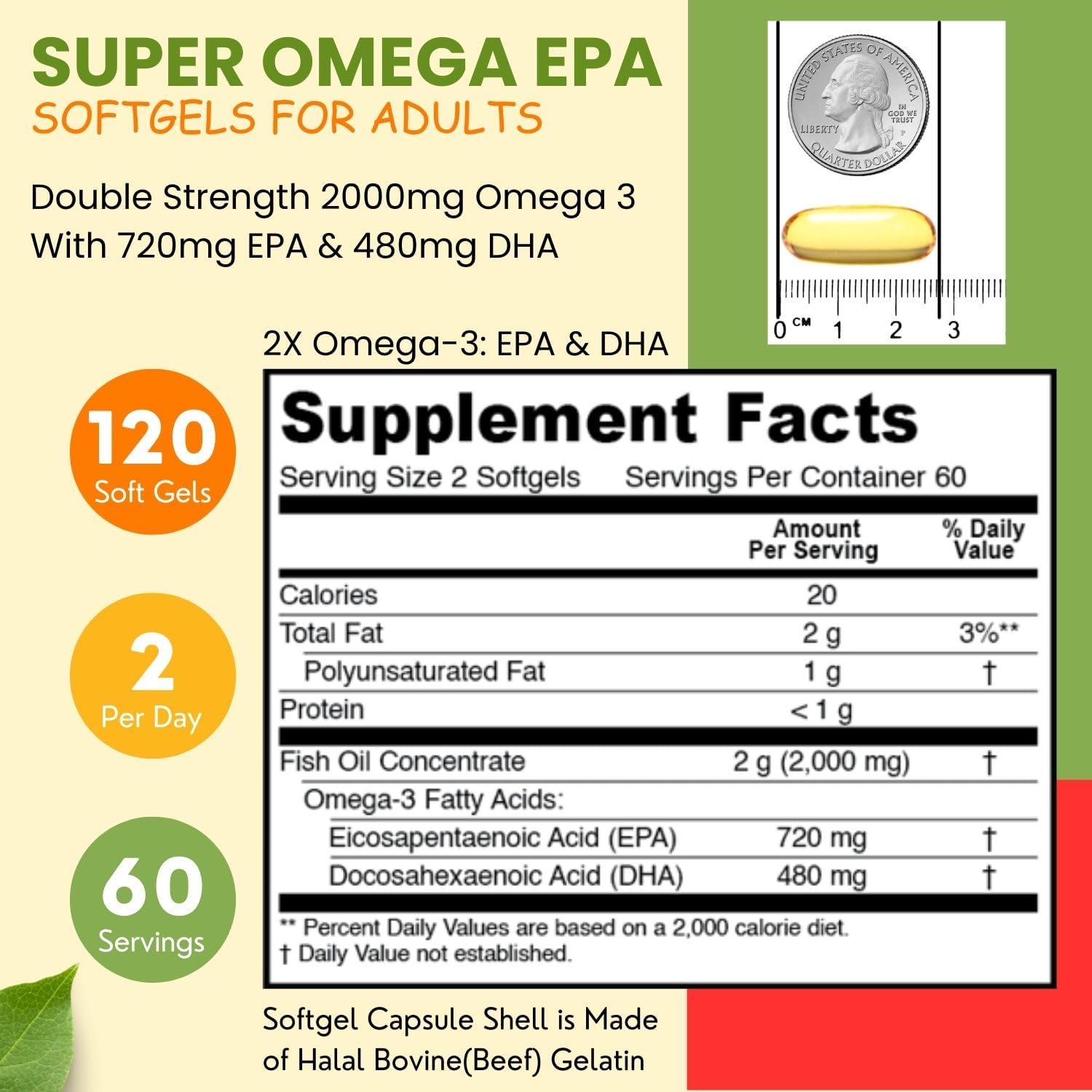 Halal Omega 3 Fish Oil Softgels - Double Strength, 120 Ct - Wild Caught, Non-GMO & Purified Fish Oil Supplement
