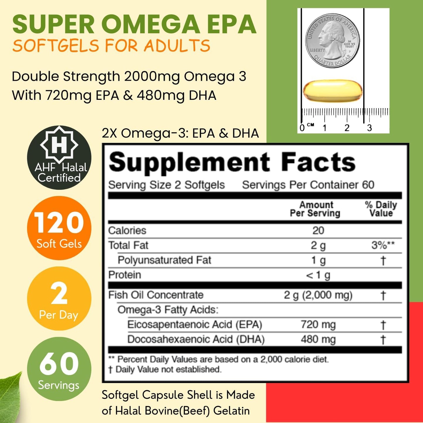 Halal Omega 3 Fish Oil Softgels - Double Strength, 120 Ct - Wild Caught, Non-GMO & Purified Fish Oil Supplement