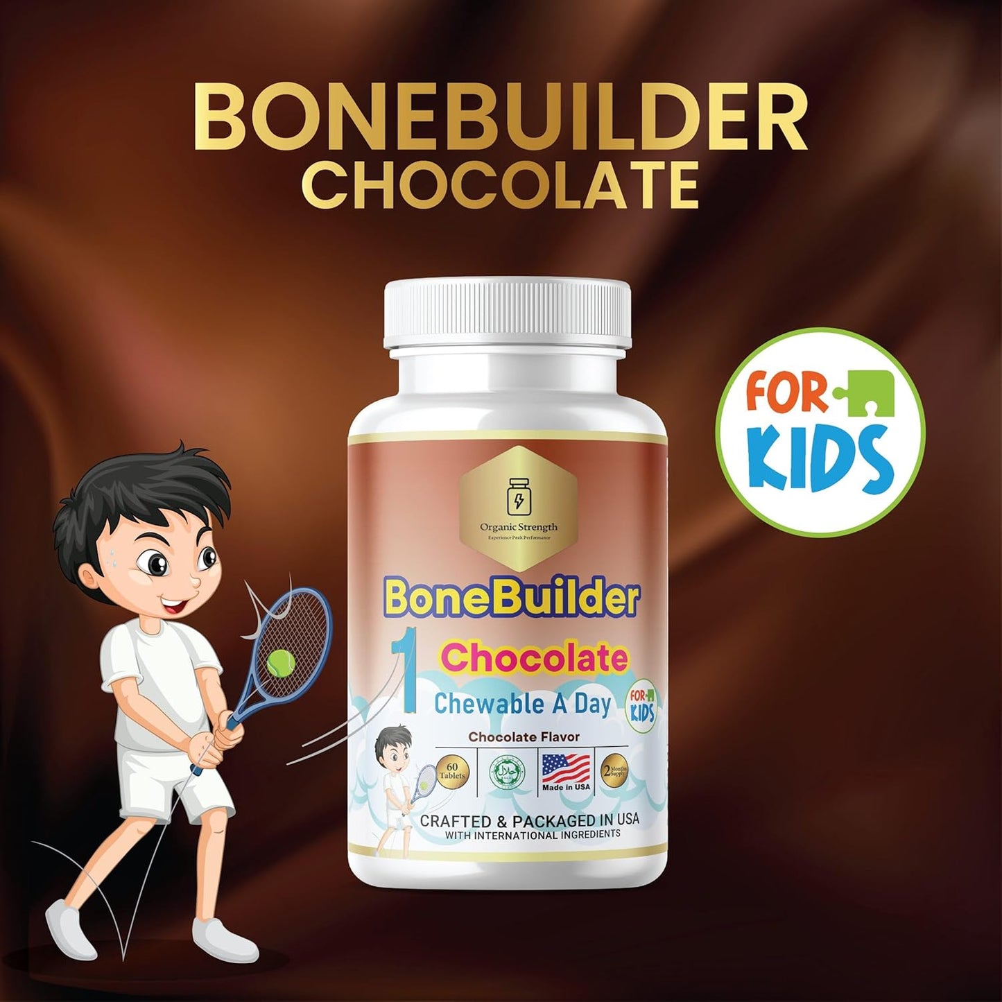 Halal Organic Strength Kids Bone Builder Chewables - Chocolate Flavor, 60 Servings, Ages 4-12