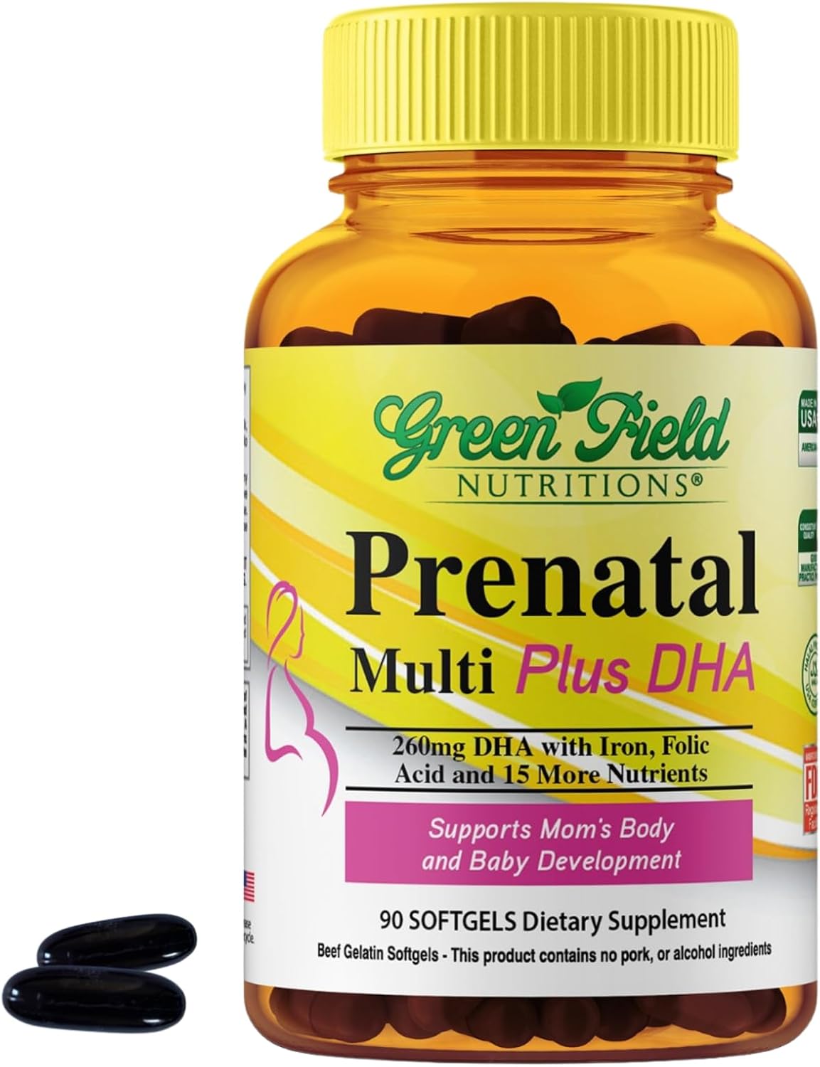 Halal Prenatal Vitamins with DHA, Folic Acid & Iron - Essential Pregnancy Multivitamin - 17 Vitamins - 90 Softgels