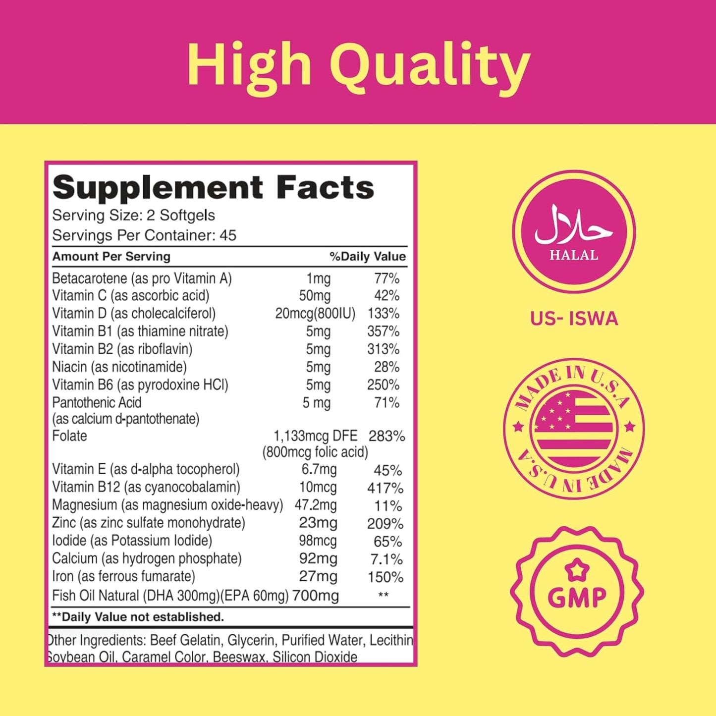 Halal Prenatal Vitamins with DHA, Folic Acid & Iron - Essential Pregnancy Multivitamin - 17 Vitamins - 90 Softgels
