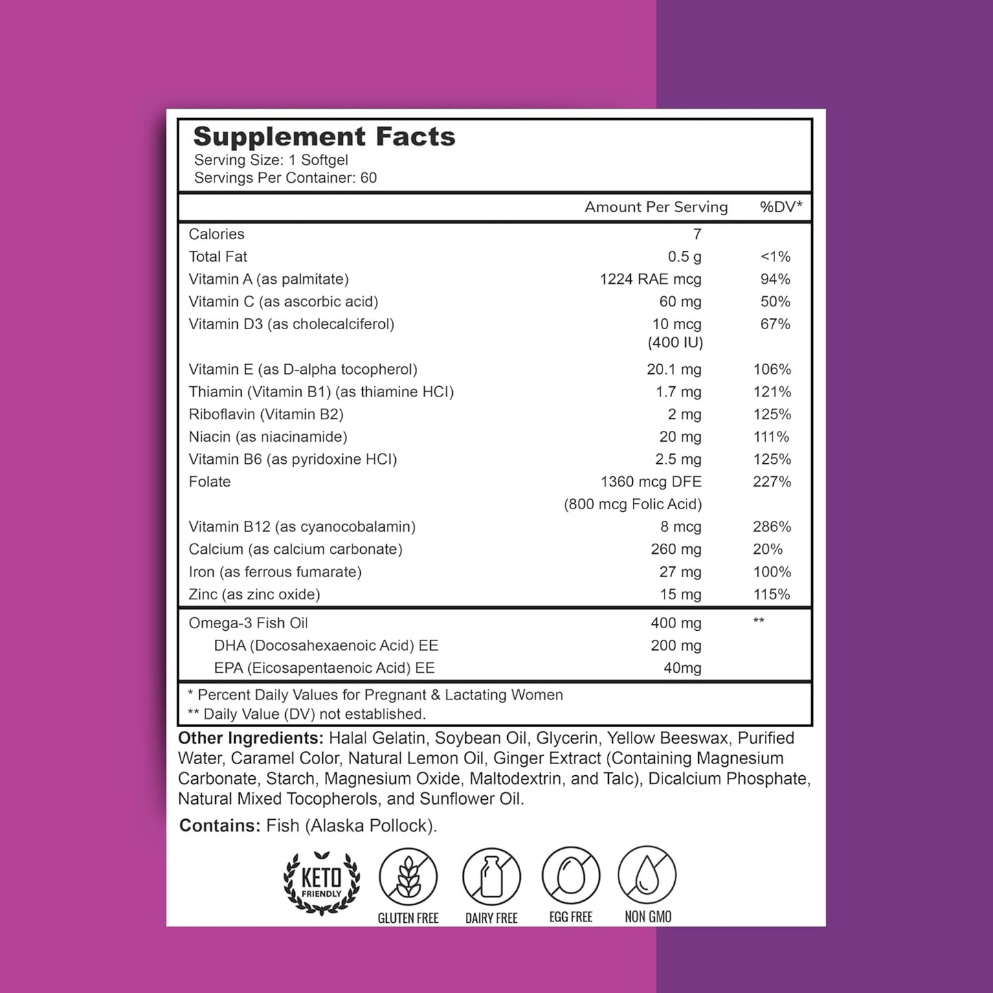 Halal Prenatal Vitamins with DHA, Folic Acid, Iron, and Ginger for All Pregnancy Stages - 60 Softgels, Non-GMO, Gluten Free - USA Made