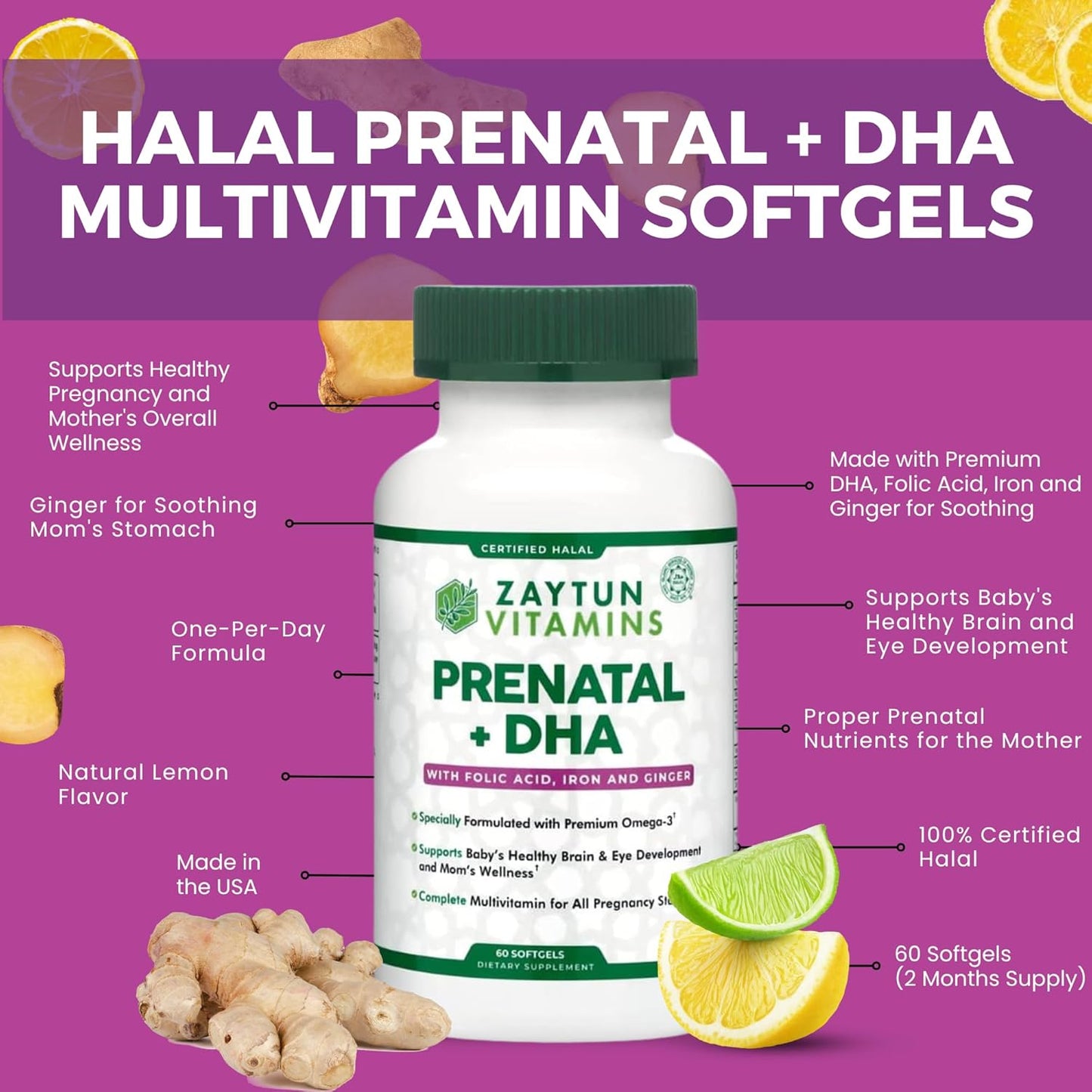 Halal Prenatal Vitamins with DHA, Folic Acid, Iron, and Ginger for All Pregnancy Stages - 60 Softgels, Non-GMO, Gluten Free - USA Made