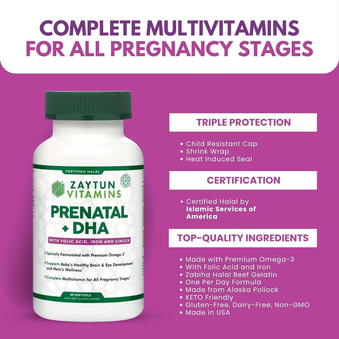 Halal Prenatal Vitamins with DHA, Folic Acid, Iron, and Ginger for All Pregnancy Stages - 60 Softgels, Non-GMO, Gluten Free - USA Made