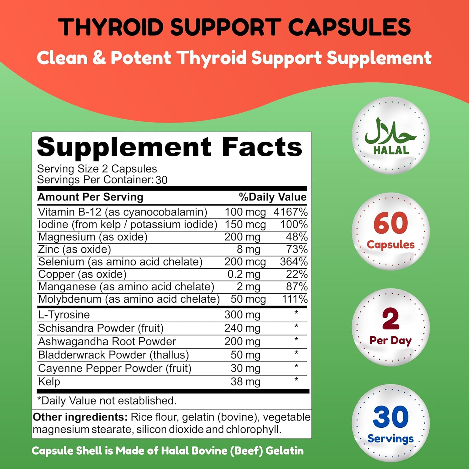 Halal Thyroid Support Supplement with B12, Iodine, and Selenium for Energy, Metabolism, and Focus - 30 Servings
