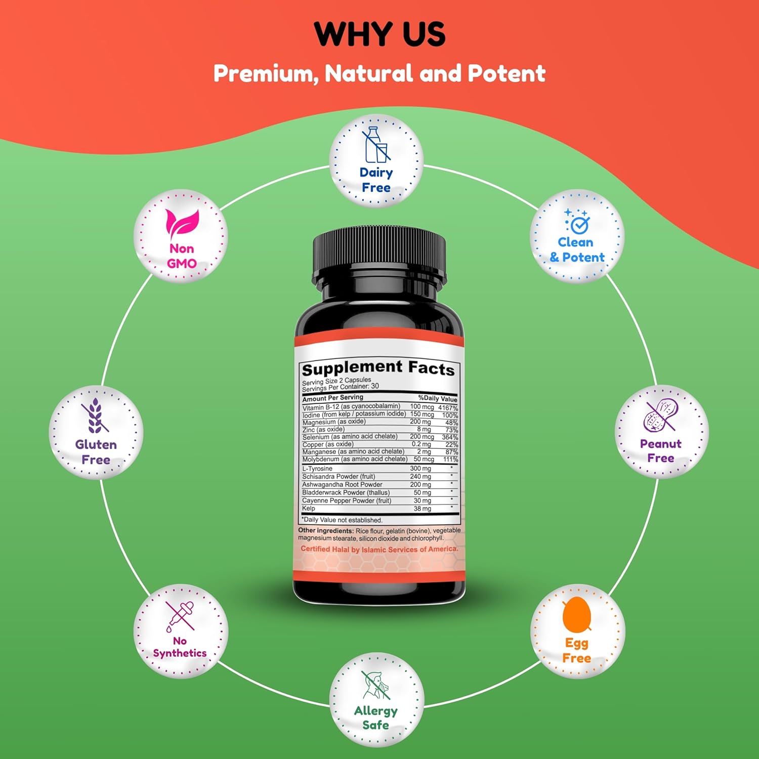 Halal Thyroid Support Supplement with B12, Iodine, and Selenium for Energy, Metabolism, and Focus - 30 Servings