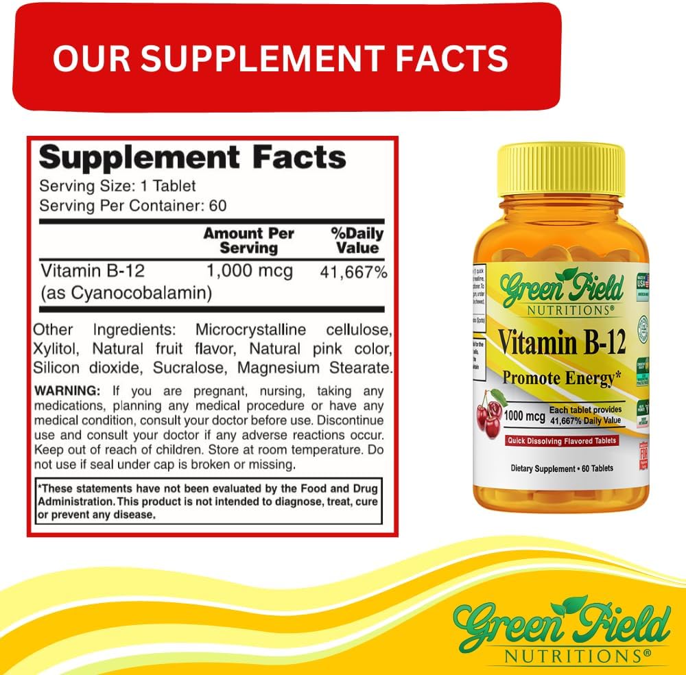 Halal Vitamin B12 1000mcg Cherry Flavored Sublingual Tablets for Brain and Blood Cell Health