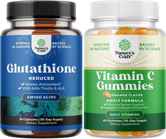 Halal Vitamin C Immune Support Gummies with Reduced Glutathione and Glutamic Acid Supplement Bundle for Adults