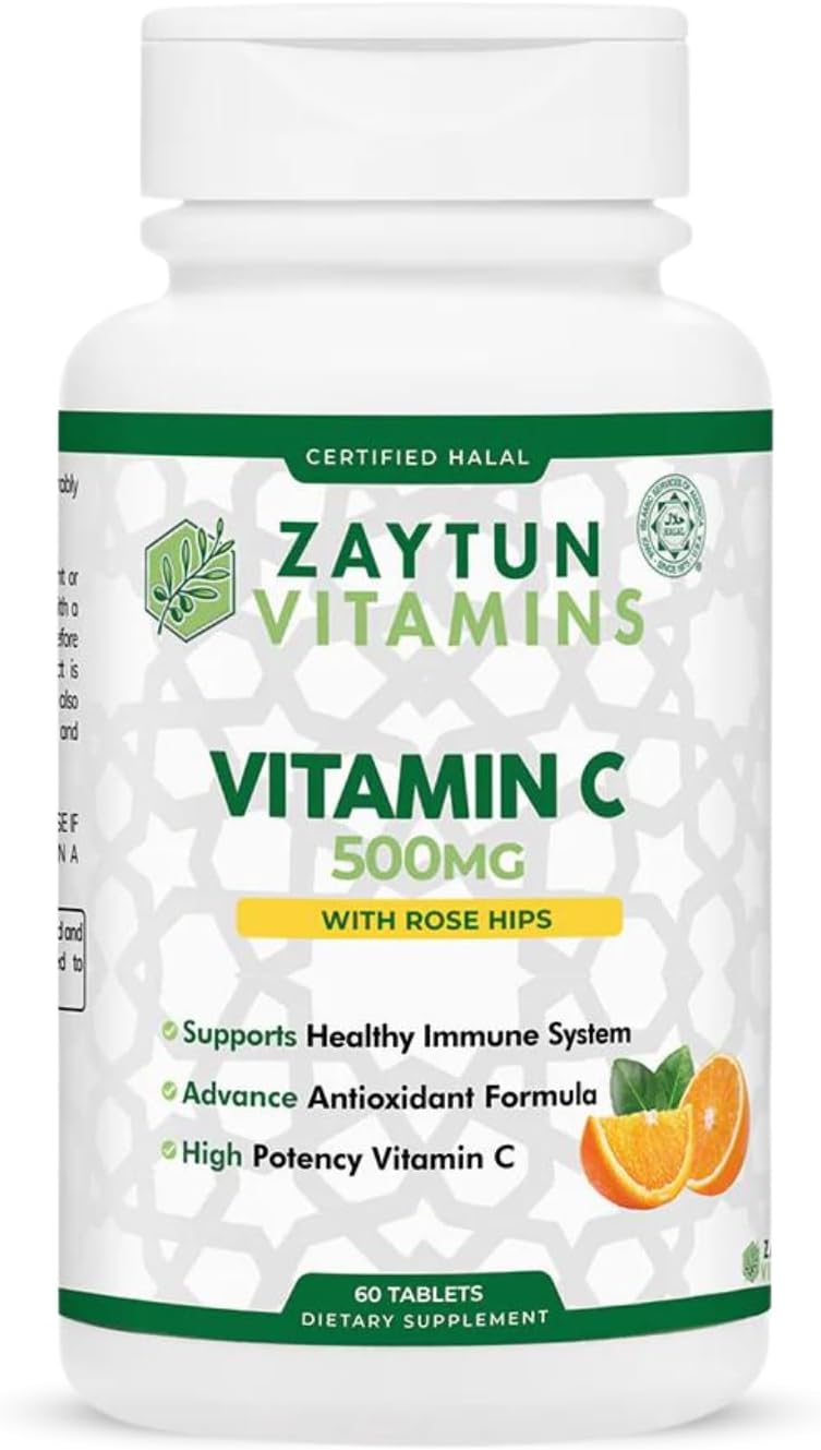 Halal Vitamin C Tablets with Rose HIPS, Immune Support, Antioxidant, Citrus Bioflavonoids - Vegan & Gluten-Free - 2 Months Supply