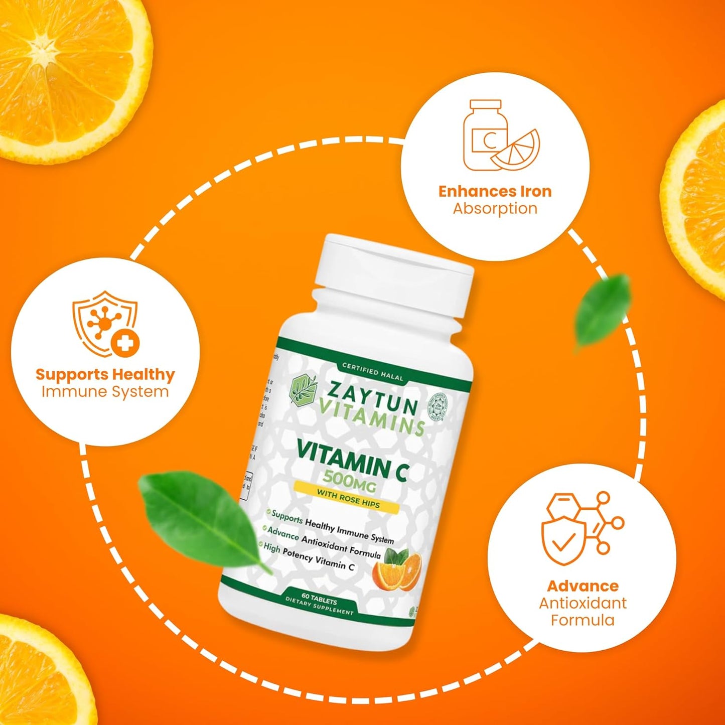 Halal Vitamin C Tablets with Rose HIPS, Immune Support, Antioxidant, Citrus Bioflavonoids - Vegan & Gluten-Free - 2 Months Supply