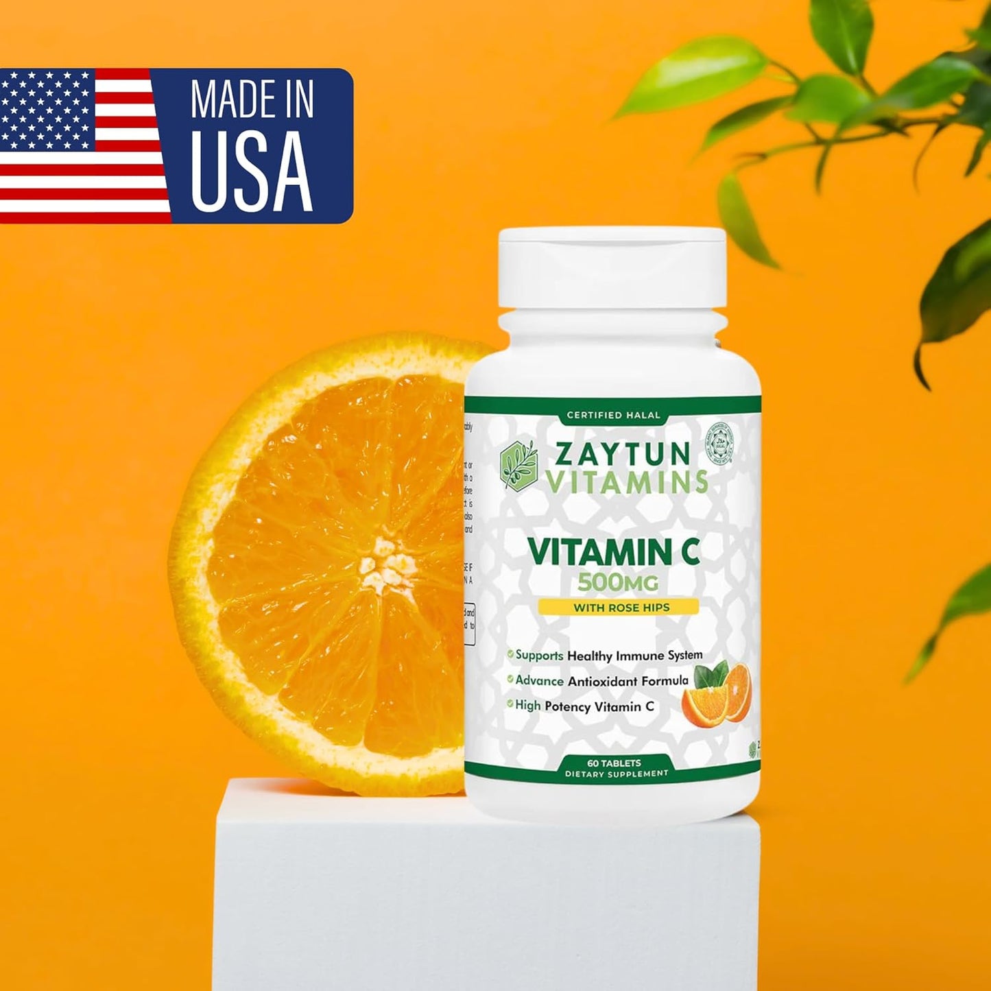 Halal Vitamin C Tablets with Rose HIPS, Immune Support, Antioxidant, Citrus Bioflavonoids - Vegan & Gluten-Free - 2 Months Supply