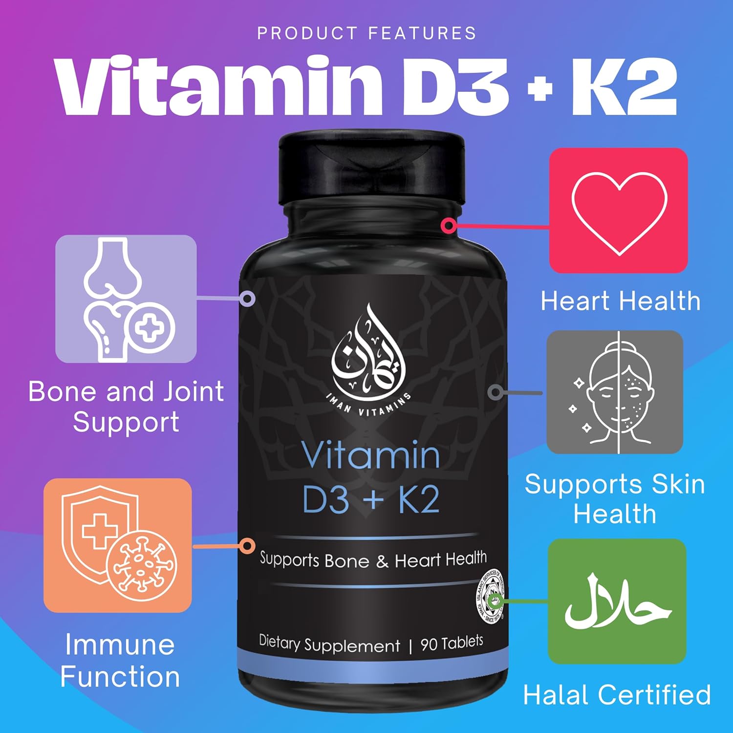 Halal Vitamin D3 with K2 Chewable Tablets - 2000 iu D + Menaquinone-7 (MK7) | Heart, Bone, Muscle Health Support | 90 Count Men Women