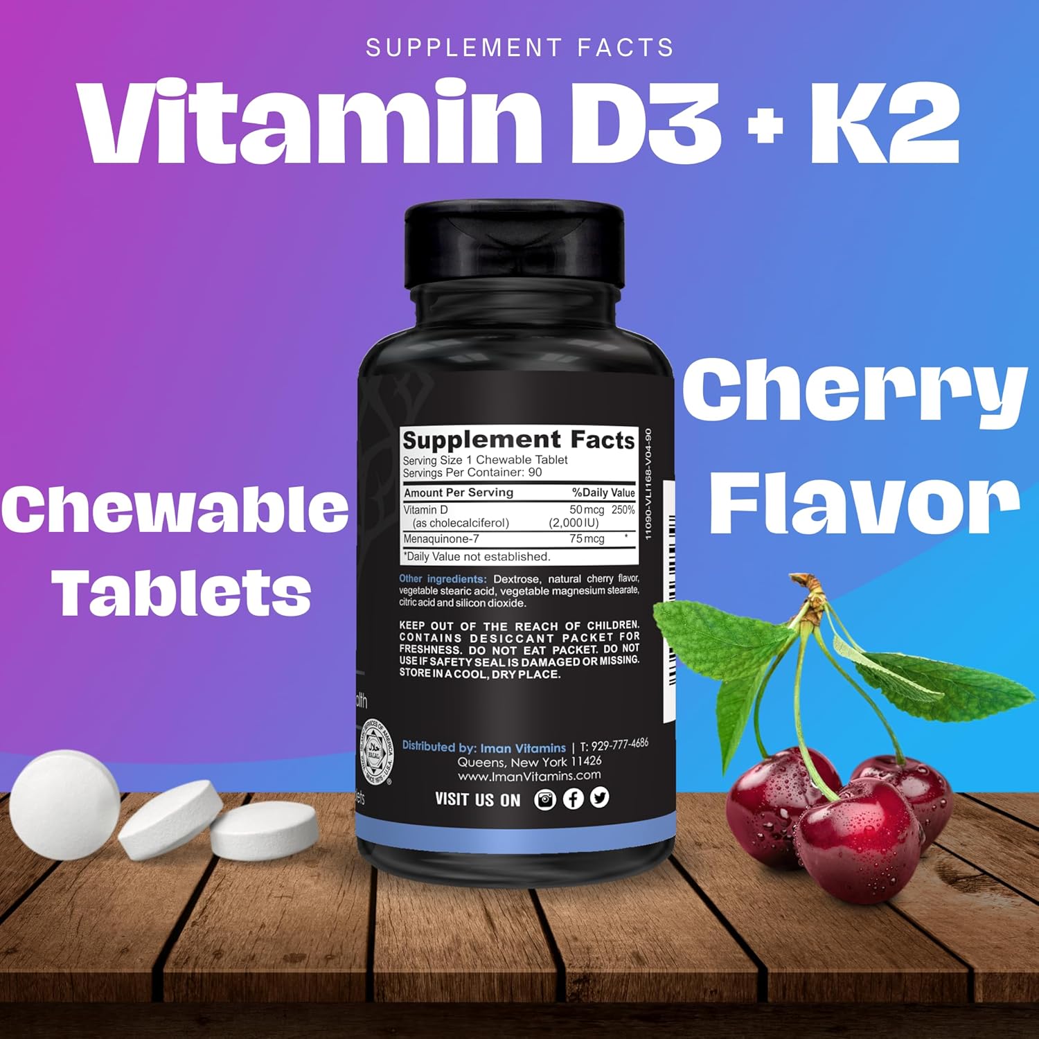 Halal Vitamin D3 with K2 Chewable Tablets - 2000 iu D + Menaquinone-7 (MK7) | Heart, Bone, Muscle Health Support | 90 Count Men Women