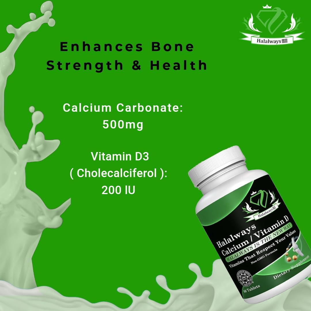HalalwaysUS Halal Calcium and Vitamin D Supplement for Bone Health Support - 650mg Calcium and 10mcg Vitamin D - Dietary Vitamin Supplement for Men and Women