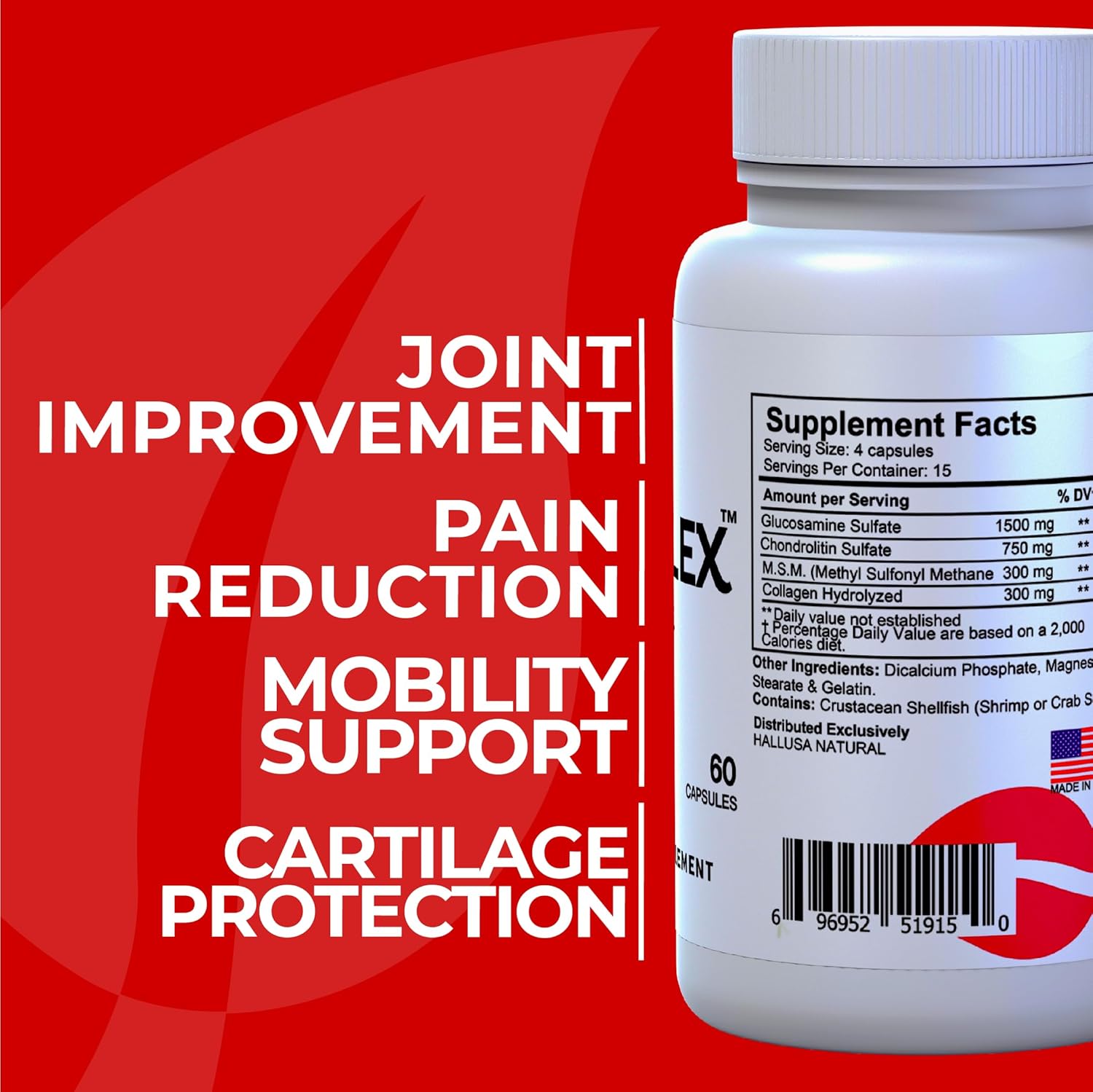 Halluflex Joint Support Supplement with Glucosamine, Chondroitin, and Collagen - Natural Formula for Women and Men - 60 Capsules