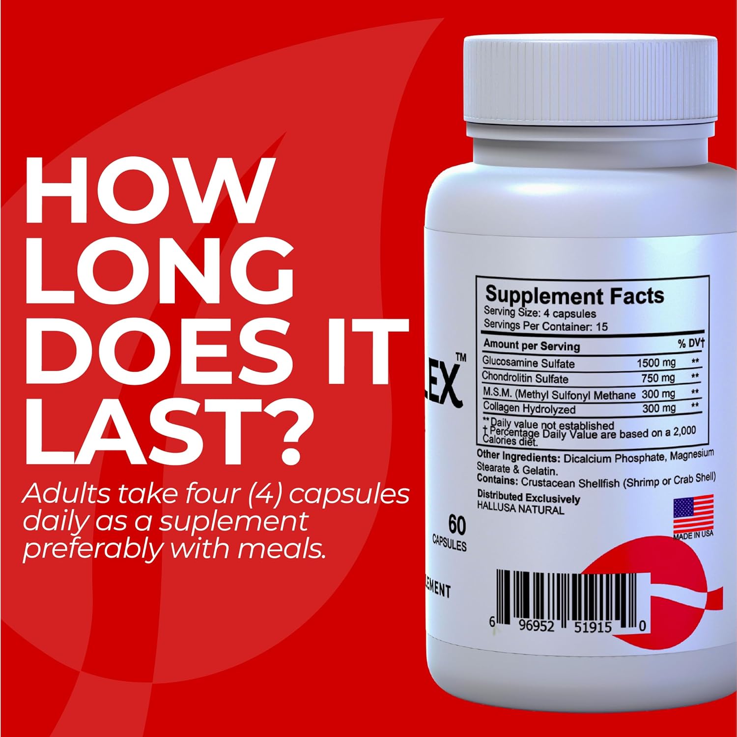 Halluflex Joint Support Supplement with Glucosamine, Chondroitin, and Collagen - Natural Formula for Women and Men - 60 Capsules