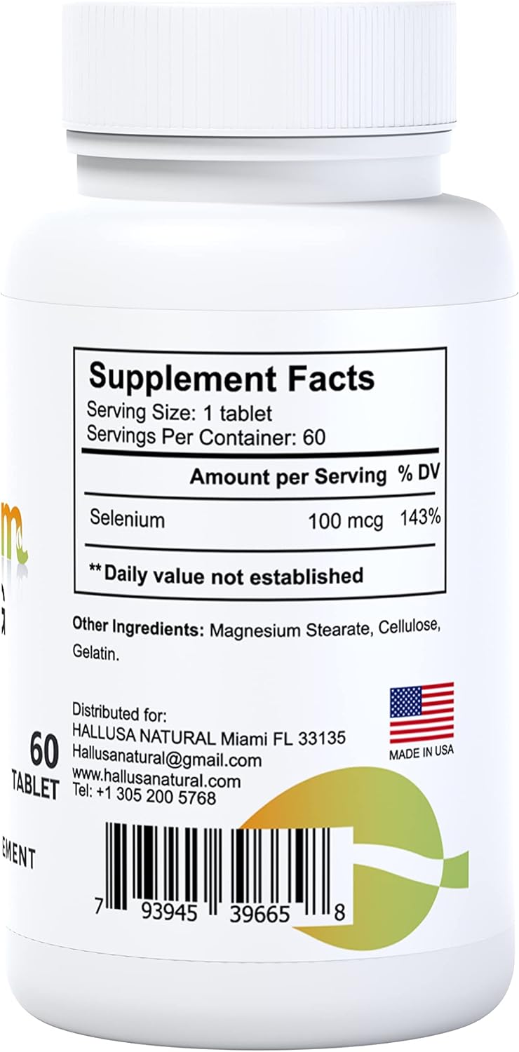 Hallusa Natural Selenium Tablets - Antioxidant, Immune and Heart Health Support - 60 Day Supply