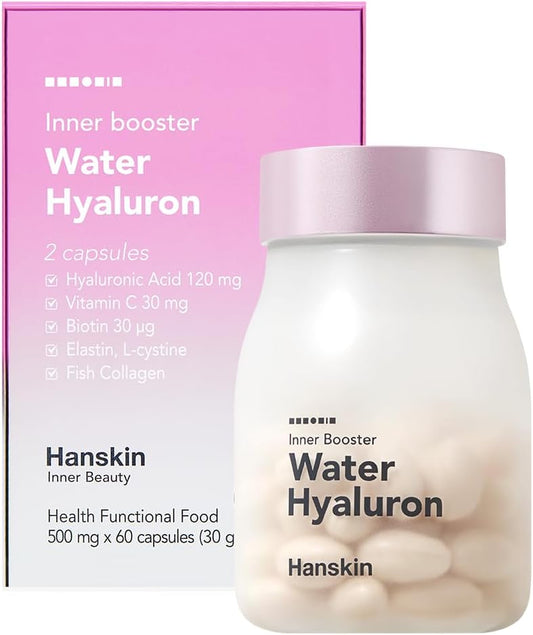 Hanskin Hyaluronic Acid & Collagen Supplements with L-Cysteine, Biotin, Vitamin C | 60 Capsules for Skin, Hair, Nails & Joints