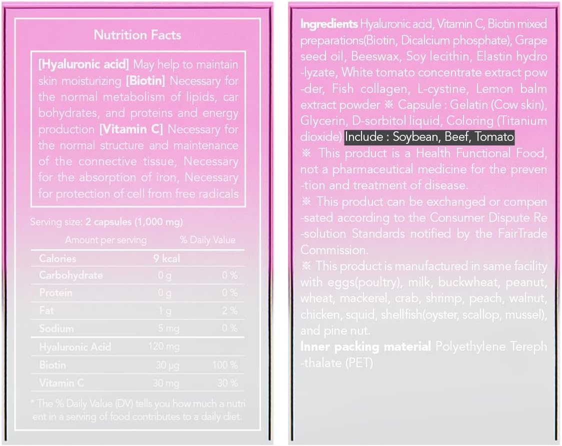 Hanskin Hyaluronic Acid & Collagen Supplements with L-Cysteine, Biotin, Vitamin C | 60 Capsules for Skin, Hair, Nails & Joints