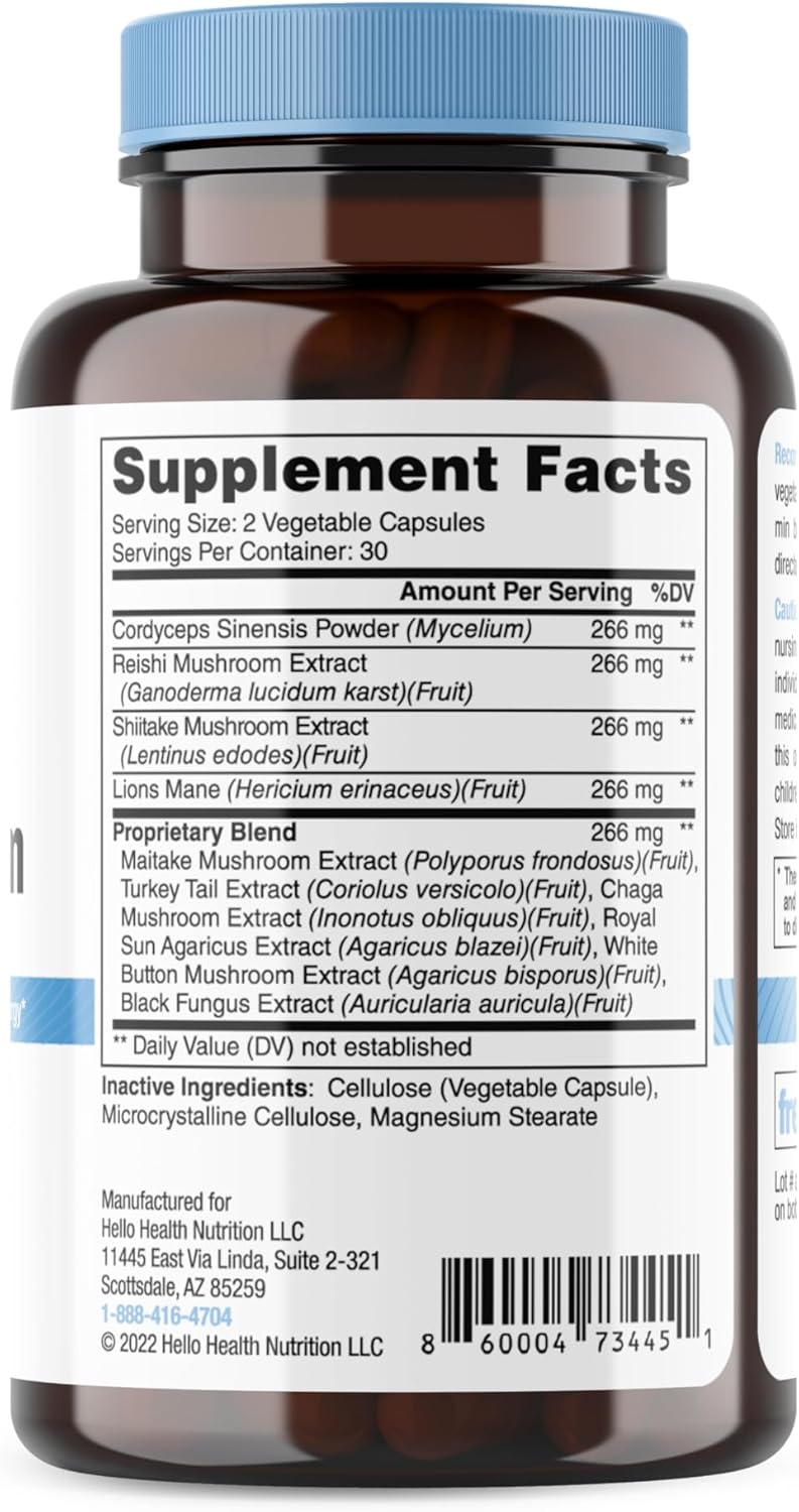 Happy Brain Mushroom Complex Nootropic Supplement with 10 Mushroom Blend for Mental Clarity, Energy, & Immune Support - 60 ct