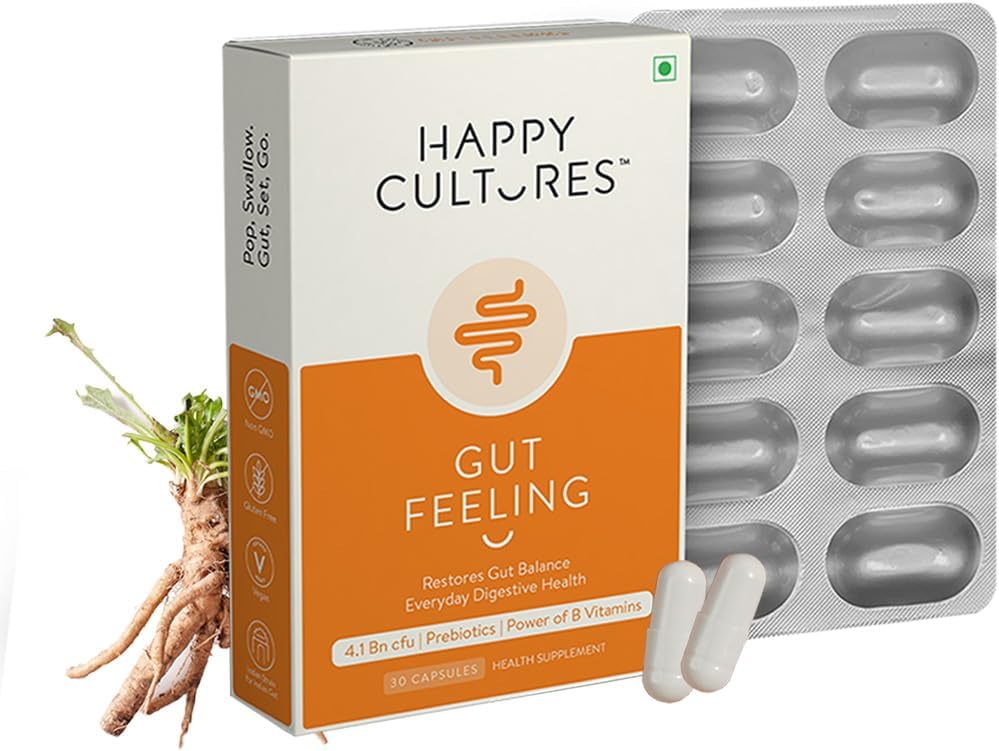 Happy Cultures Gut Health Supplement with Probiotics & B-Vitamins - 30 Veg Capsules for Digestive Health, Bloating & IBS