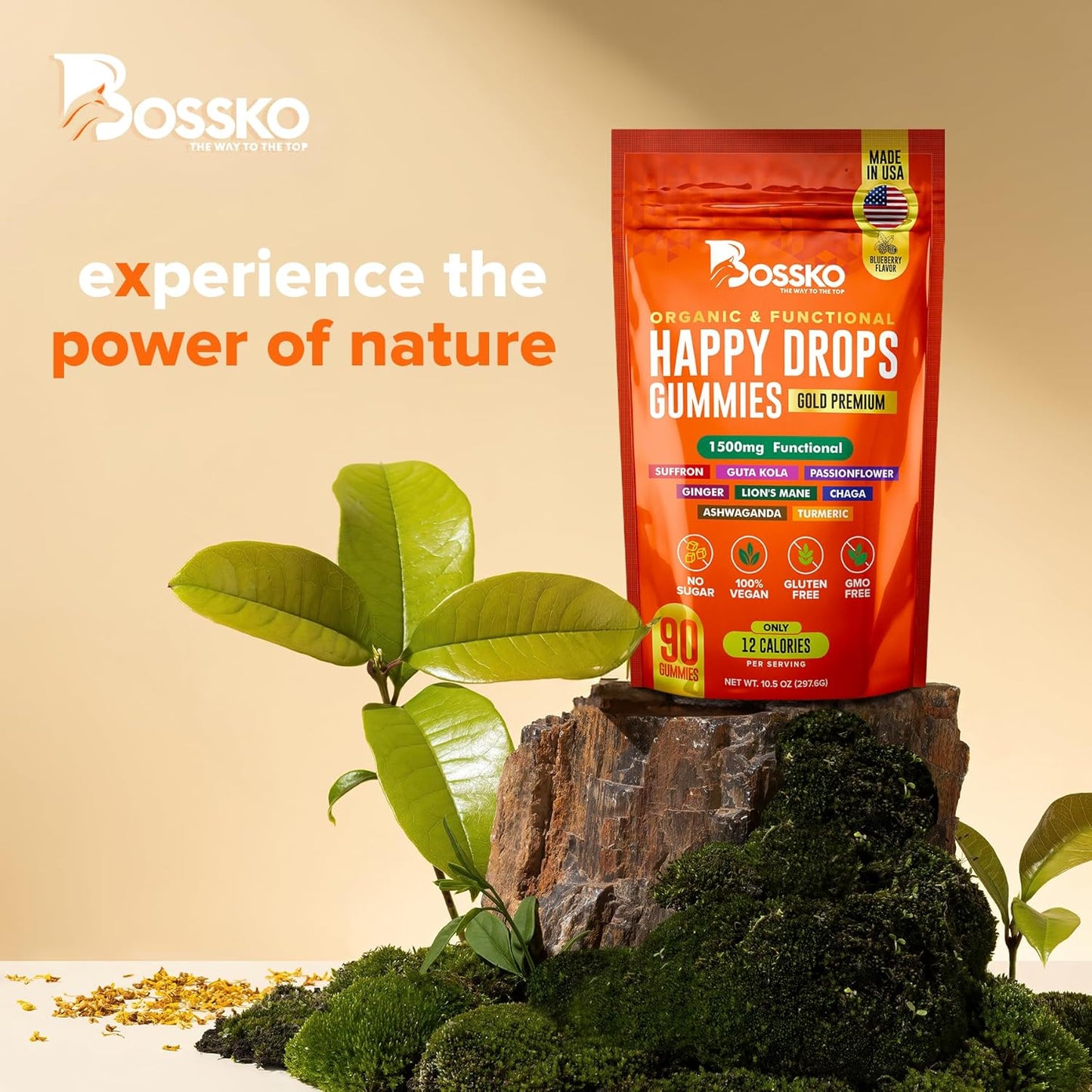 Happy Drops 1500mg Mushroom Gummies with Ashwagandha, Chaga, Saffron for Energy, Bliss, and Balance - 90 Gummies