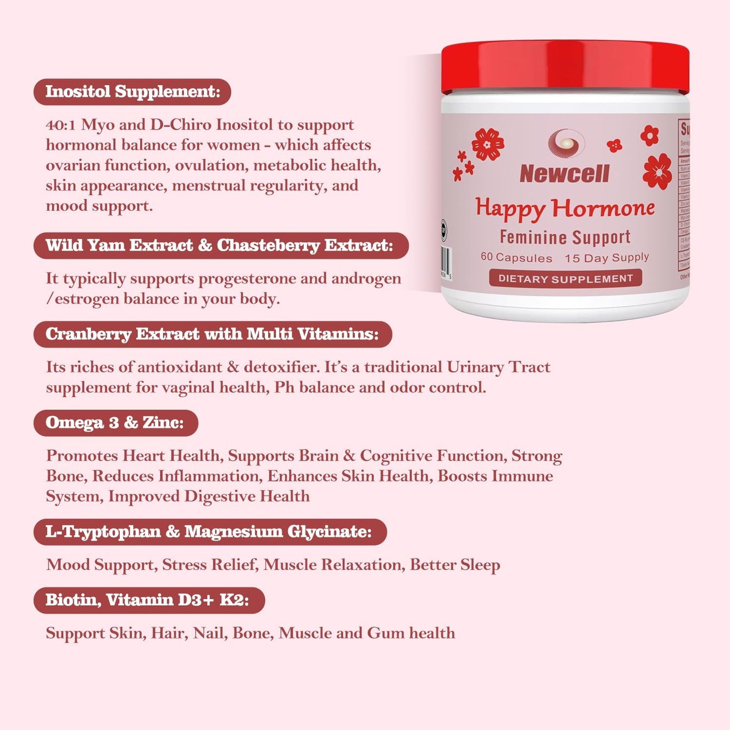 Happy Hormones & PCOS Support - Inositol Multivitamin with Myo-Inositol, Magnesium, D-Chiro Inositol, Omega 3, Vitamin D3, Zinc - 60 Capsules for Women's Health & Hormone Balance