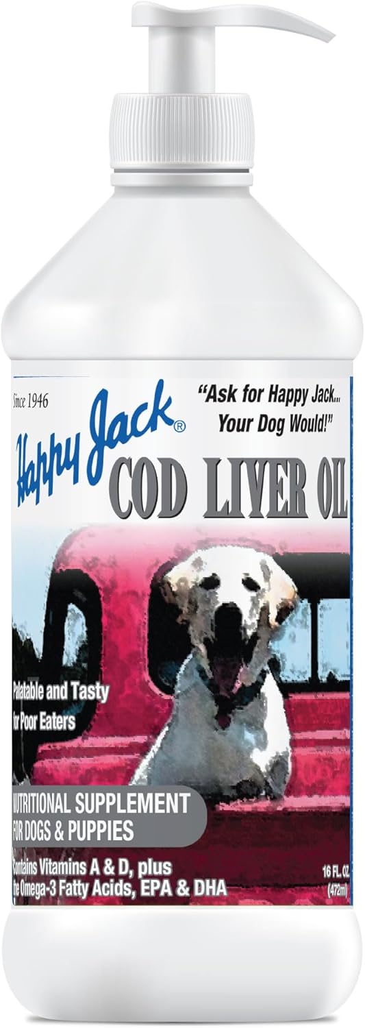 Happy Jack Omega 3 Fish Oil Supplement for Dogs 16 oz - Skin, Coat, Brain, Eyes, Bones, Joint, Heart, Immune Health - Energy Booster - EPA, DHA, Vitamin A, D