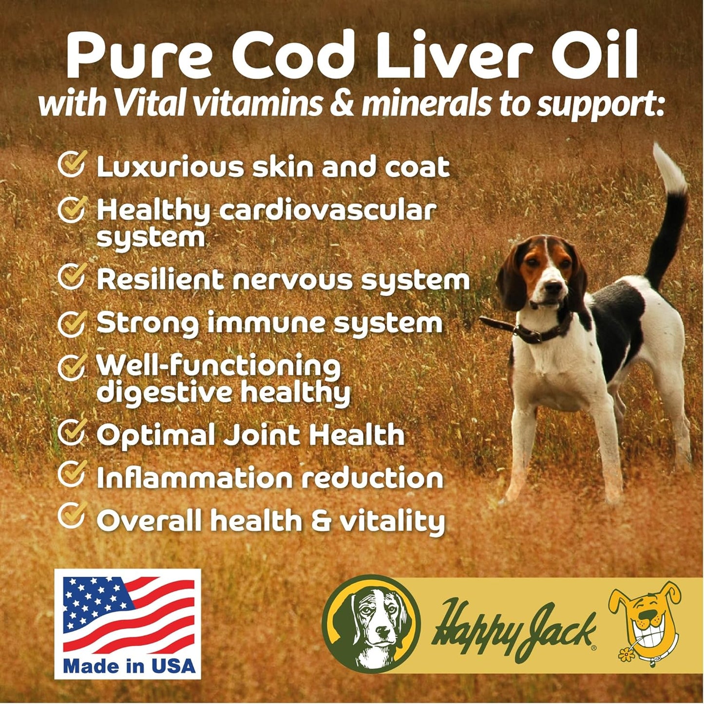 Happy Jack Omega 3 Fish Oil Supplement for Dogs 16 oz - Skin, Coat, Brain, Eyes, Bones, Joint, Heart, Immune Health - Energy Booster - EPA, DHA, Vitamin A, D