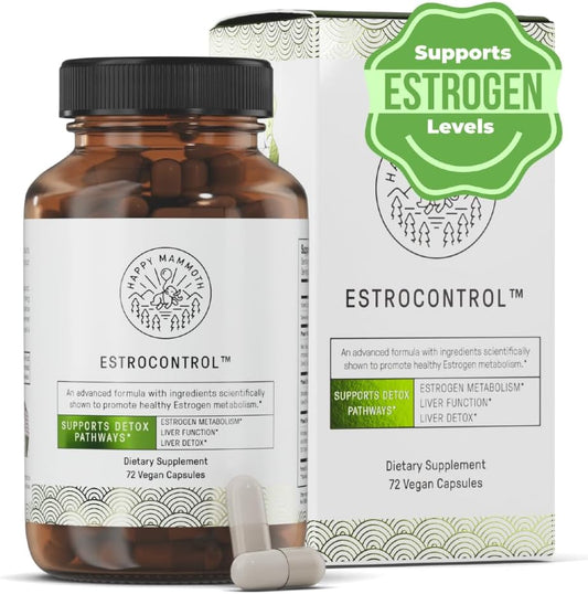Happy Mammoth EstroControl: Natural Estrogen Balance Support Capsules for Women - Relieve PMS, Hormonal Weight Gain, Cravings, & More - 72 Count