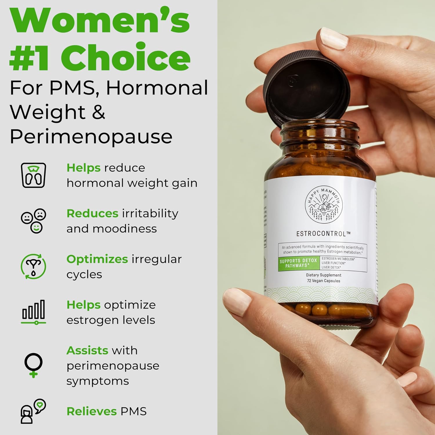 Happy Mammoth EstroControl: Natural Estrogen Balance Support Capsules for Women - Relieve PMS, Hormonal Weight Gain, Cravings, & More - 72 Count