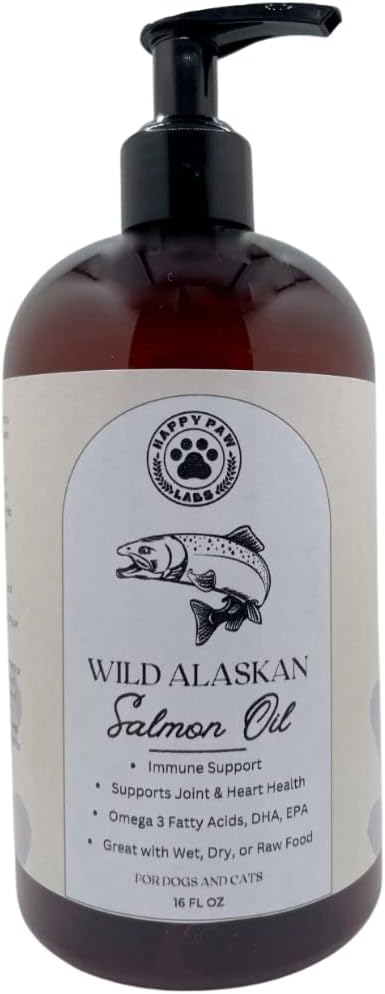Happy Paw Labs Wild Alaskan Salmon Oil for Dogs & Cats - Omega 3 Supplement for Skin & Coat, Joint Function, Brain, Immune & Heart Health - 16oz