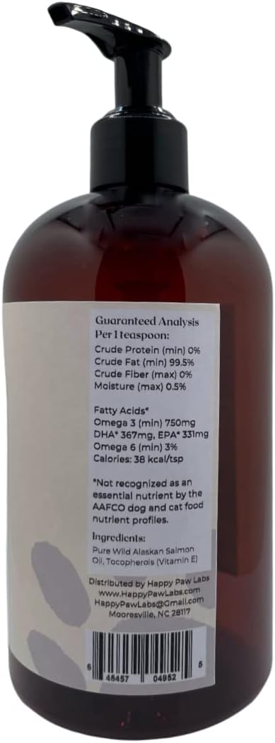 Happy Paw Labs Wild Alaskan Salmon Oil for Dogs & Cats - Omega 3 Supplement for Skin & Coat, Joint Function, Brain, Immune & Heart Health - 16oz
