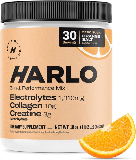 Harlo Orange Salt Electrolyte Drink Mix with Bovine Collagen & Creatine - Sugar Free Energy Drink for Pre and Post Workout Recovery