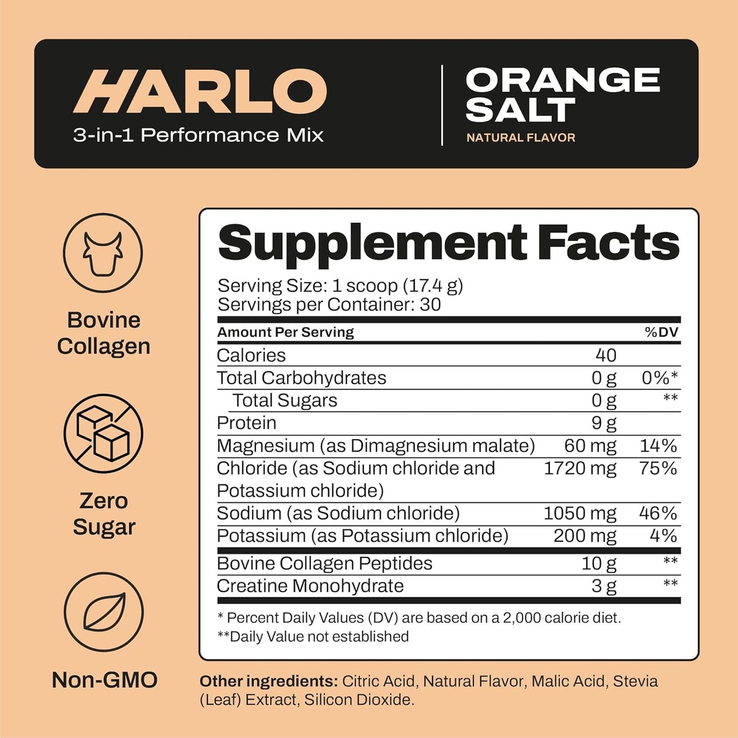 Harlo Orange Salt Electrolyte Drink Mix with Bovine Collagen & Creatine - Sugar Free Energy Drink for Pre and Post Workout Recovery