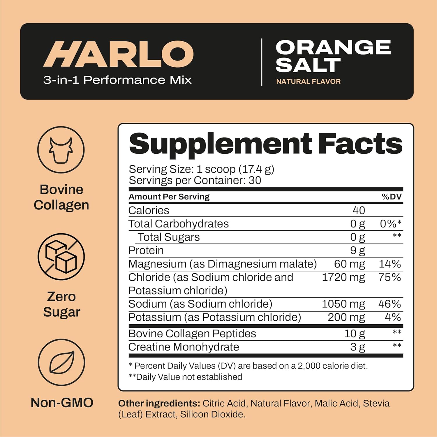 Harlo Orange Salt Electrolyte Drink Mix with Bovine Collagen & Creatine - Sugar Free Energy Drink for Pre and Post Workout Recovery