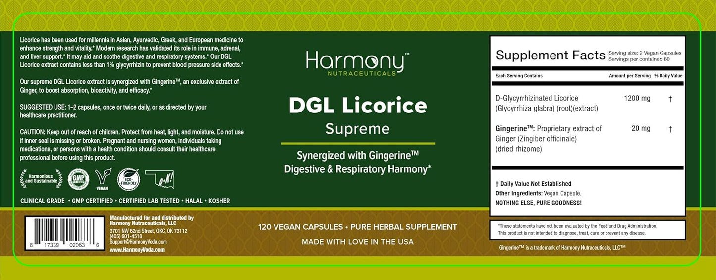 Harmony Nutraceuticals DGL Licorice Supreme Capsules - Clinical Grade, Maximum Bioavailability, 120 Vegan Capsules