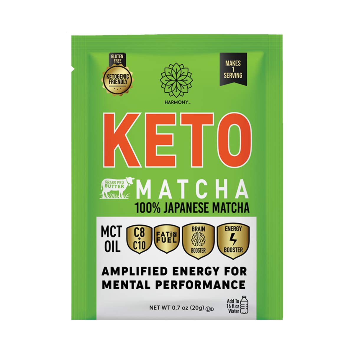 Harmony Proteins Keto Matcha: Pure Japanese Matcha for Energy and Focus, Instant Drink Mix with 68mg Caffeine, 12 Packets